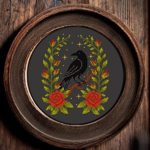 Сrow and rose bush cross stitch pattern, Halloween scary cross stitch, Spooky cross stitch, Scary cross stitch, PDF embroidery pattern