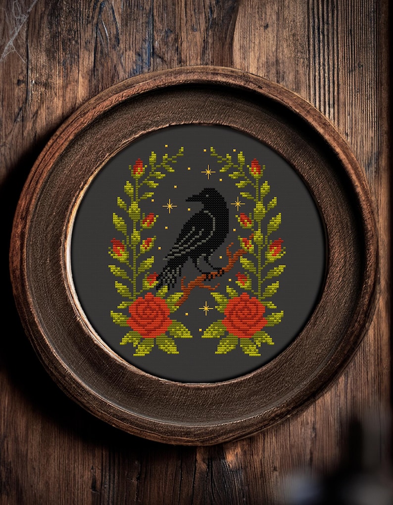 Сrow and rose bush cross stitch pattern, Halloween scary cross stitch, Spooky cross stitch, Scary cross stitch, PDF embroidery pattern