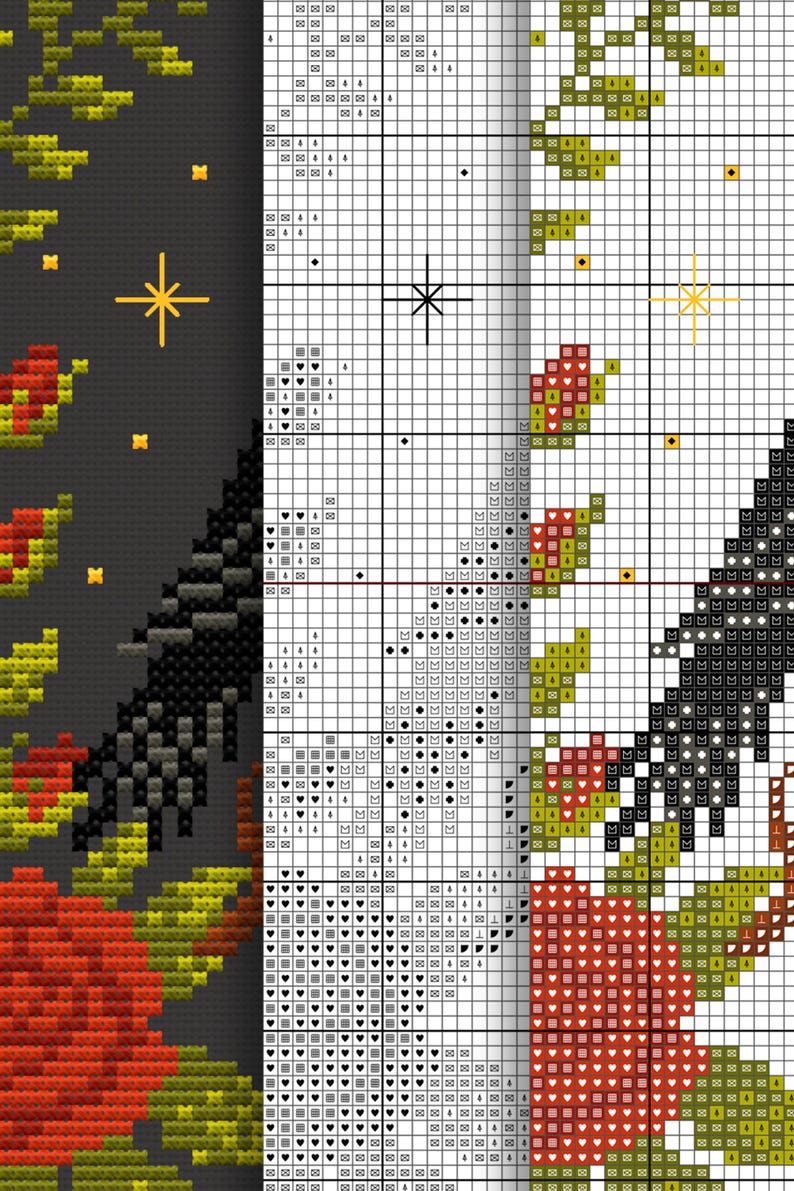 Сrow and rose bush cross stitch pattern, Halloween scary cross stitch, Spooky cross stitch, Scary cross stitch, PDF embroidery pattern