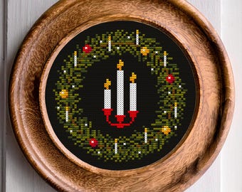 Christmas wreath with candles cross stitch pattern, New year Christmas gift, PDF embroidery pattern, Winter home decor