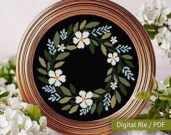 Cross stitch pattern for beginners spring wreath with white flowers, Floral embroidery, Easter cross stitch, PDF embroidery pattern