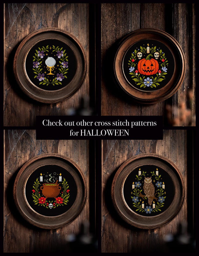 Owl cross stitch pattern, Halloween cross stitch, Crystal ball cross stitch pattern, Scary cross stitch, Pumpkin cross stitch pattern, Witch's cauldron cross stitch pattern, PDF embroidery pattern