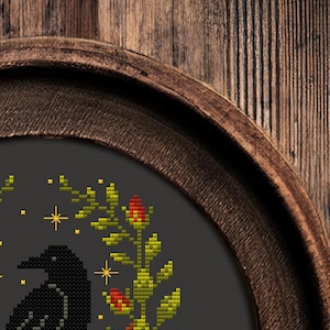 Сrow and rose bush cross stitch pattern, Halloween scary cross stitch, Spooky cross stitch, Scary cross stitch, PDF embroidery pattern