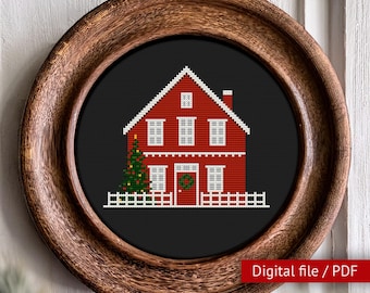 Red Christmas house cross stitch pattern for beginners, Embroidery Christmas tree Christmas gift, Winter home decor, PDF embroidery pattern