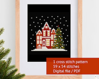 Christmas village cross stitch pattern for beginners, Christmas gift, Winter houses cross stitch, PDF embroidery pattern - Red