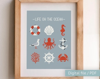 Sea creatures cross stitch sampler, Cross stitch pattern for beginners Life on the ocean, Sea cross stitch, Octopus, Crab, Seahorse, PDF