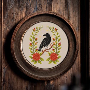 Сrow and rose bush cross stitch pattern, Halloween scary cross stitch, Spooky cross stitch, Scary cross stitch, PDF embroidery pattern