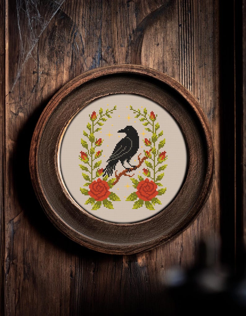 Сrow and rose bush cross stitch pattern, Halloween scary cross stitch, Spooky cross stitch, Scary cross stitch, PDF embroidery pattern
