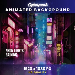 Puede incluir: Un fondo animado de estilo cyberpunk con luces de neón y un callejón lluvioso. El texto "NEON LIGHTS RAINING" es visible en la esquina inferior izquierda. El texto "1920 x 1080 PX HD QUALITY" es visible en el centro inferior de la imagen.