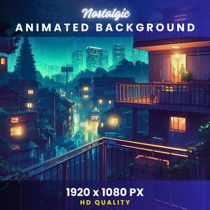 May include: A digital illustration of a rainy night in a city, viewed from a balcony. The scene is animated and features a cityscape with buildings, trees, and streetlights. The image is 1920 x 1080 pixels and is in HD quality.