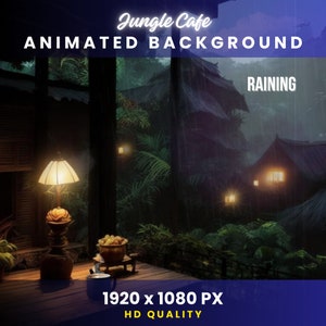 May include: A digital illustration of a jungle cafe with a wooden table, a lamp, a cup of coffee, and a bowl of fruit. The cafe is surrounded by lush greenery and it is raining outside. The text "Jungle Cafe Animated Background Raining" is displayed at the top of the image. The text "1920 x 1080 PX HD QUALITY" is displayed at the bottom of the image.