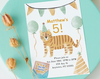 Convite de aniversário de tigre para qualquer idade, menina ou menino, convite de aniversário de animal fofo e divertido