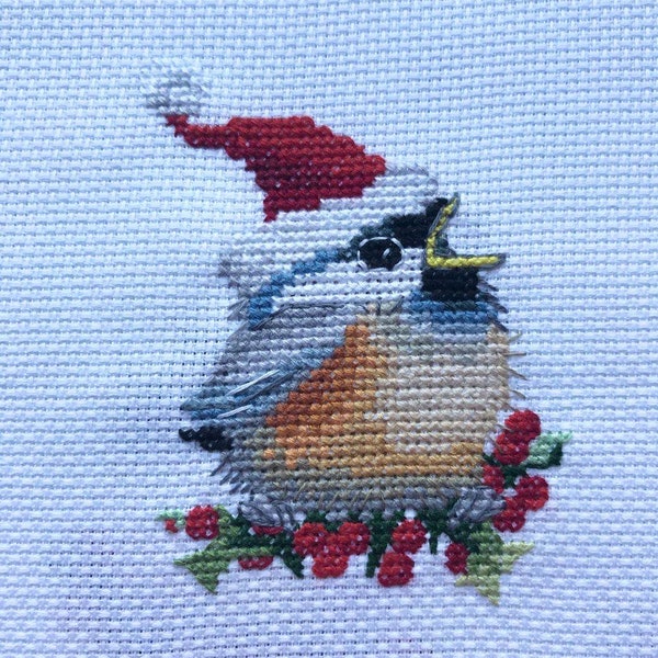 BRANK NEW finished completed cross stitch Christmas Chickadee great gift