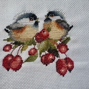 Peut inclure: Broderie au point de croix représentant deux oiseaux perchés sur une branche avec des baies rouges. Les oiseaux sont bruns, gris et blancs avec des yeux noirs. Les baies sont d'un rouge profond.
