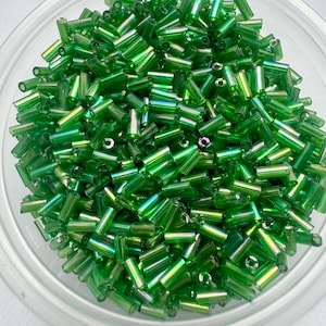 100 grams  Loose rainbow green Czech glass tube bugle beads size  4mm X 1.9mm  #2