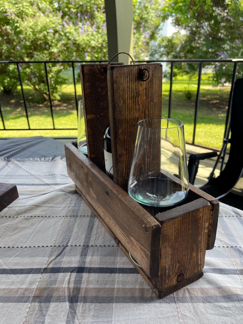 Rustic Wine Caddy Holder – Handmade Wood Wine Tote With Glass Holders ...