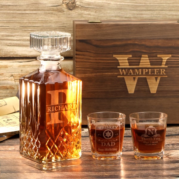 Custom Birthday Gift for Husband，Personalized Whiskey Decanter Set with Wood Box，Groomsmen Gifts，Gifts for him，Engraved Best Man Gifts，