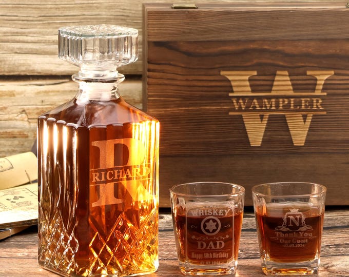 Personalized Crystal Whisky Decanter Set with Wooden Box – Groomsmen Gift for Husband，Father’s Day Gift，