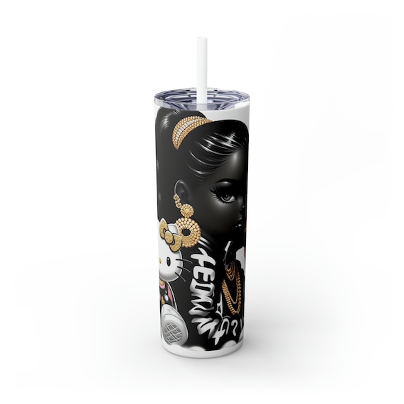 Custom Hello Kitty Skinny Tumbler with Straw, 20oz| Hello Kitty Tumblers| Black Hello Kitty