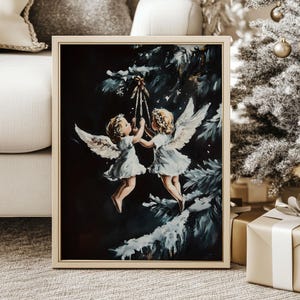 Moody Christmas Angels Ornament Poster, Dark Holiday Season Gallery Art, White Winter Eve Fantasy Cottageocre Print, Snowy Oil Painting