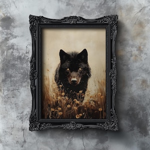 Autumn Black Wolf Print, Rustic Forestcore Oil Painting, Moody Wolf Wall Art, Vintage Fall Landscape Dorm Decor, Rustic Nature Wildlife Art