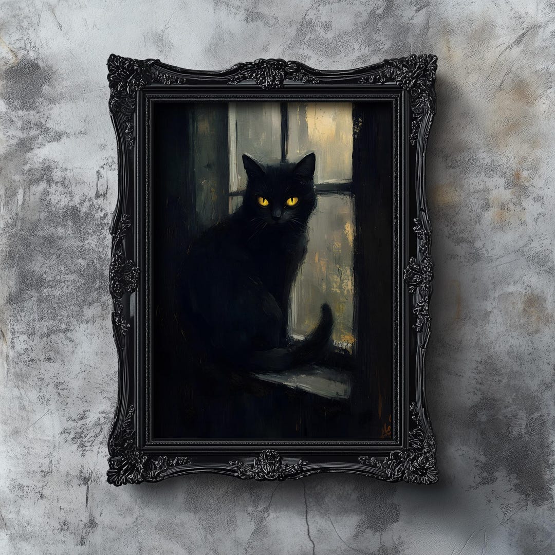 Black Cat Halloween Art Print: Vintage Dark Academia Poster (digital ...