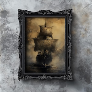 Cuadro vintage de barco fantasma en el mar de noche, impresión espeluznante de Halloween, decoración de Dark Academia, arte de pared de granja rústica antigua, arte de barco imprimible