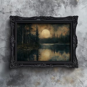 Spooky Lake Print, Vintage Halloween Landscape Oil Painting, Rustic Cottagecore Misty Autumn Lake Art, Printable Fall Forest Poster Decor