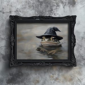 Arte de Halloween con rana linda imprimible, pintura al óleo de rana de bruja apagada, decoración de dormitorio con estilo natural de estilo cottagecore suave, póster de animales otoñales antiguos y melancólicos