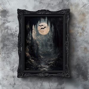 Dark Bat Cave Halloween Print, Moody Dark Academia Printables, Spooky Season Dorm Decor, Vintage Gothic Cottagecore Bats Oil Painting Poster