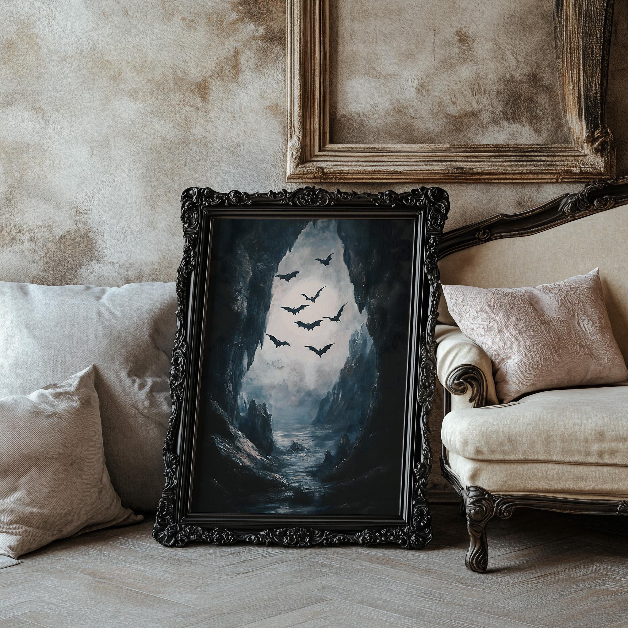 Bat Cave Halloween Print, Vintage Bat Painting, Dark Academia Aesthetic ...