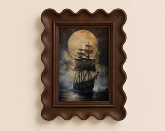 Vintage Ghost Ship Full Moon Oil Painting, Gothic Halloween Printable Wall Art