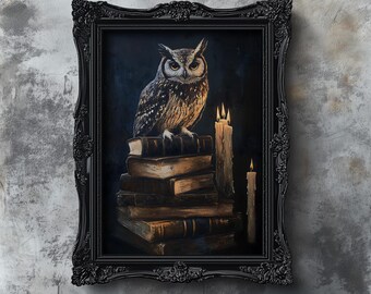 Vintage olieverfschilderij uil en boeken, decor Dark Academia, gotische muurkunst, afdrukbare rustieke bibliotheekboeken kunst, antieke en humeurige uilafdruk