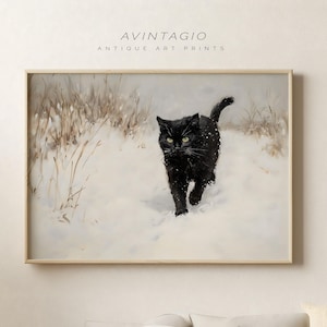 冬の風景の黒猫のプリント、雪景色のアート、ヴィンテージクリスマスギャラリー、アンティークコテージコア絵画、ムーディな白い夜の装飾