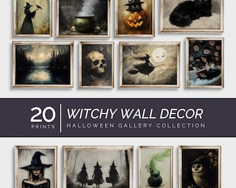 Könnte beinhalten: Eine Sammlung von 20 Hexen-Wanddekorationen mit Bildern von Hexen, Eulen, Kesseln, Schädeln und anderen Halloween-Motiven. Die Drucke sind im rustikalen Vintage-Stil gehalten und eignen sich perfekt, um jedem Zuhause einen Hauch von gruseligem Charme zu verleihen.
