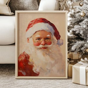 Wyciszony portret Świętego Mikołaja, plakat z galerią Vintage Christmas, sztuka ścienna w okresie świątecznym, drukowany obraz olejny Cottagecore w kolorze białym zimowym
