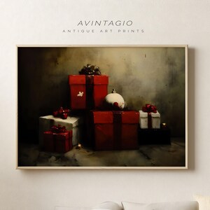 Moody Christmas Gift Art Print, Vintage Holiday Season Gallery Decor, Rustykalny plakat prezentowy na święta, Dark Cottagecore Winter Snowy Large Art
