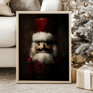 Moody Nutcracker Soldier Christmas Print, Vintage Winter Gallery Art, Rustykalny Cottagecore Holiday Season Decor, Wydrukowalny obraz olejny Whimsy