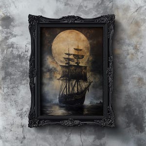 Cuadro de barco fantasma vintage, barco embrujado melancólico navegando en el mar de noche, estética de academia oscura, arte mural de barco antiguo, impresión marítima rústica