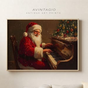 Przytulny Święty Mikołaj Grający Na Pianinie Wydruk, Uroczy Świąteczny Rustykalny Wystrój Cottagecore, Estetyczna Galeria Świąteczna, Plakat Do Domu W Porze Zimowej