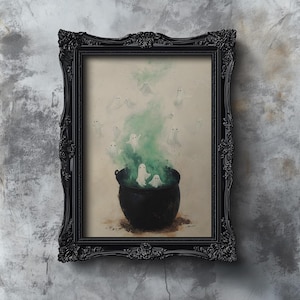 Witchy Cauldron Halloween Print, Dark Cottagecore Oil Painting, Witch Potions with Whimsy Cute Ghost Artwork, Vintage Spooky Autumn Decor