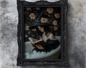 Bookish Witch Halloween Print: Dark Academia Gothic Oil Painting (Digital Download)