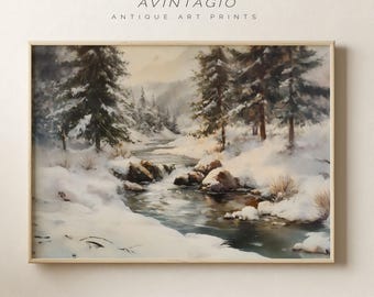 Vintage Winter Landscape Print: Snowy Forest Lake (Digital Download)