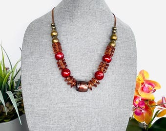 Handcrafted Acrylic Chunky Necklace, Boho Red Bronze Geometric Statement