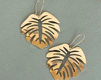 XL Gold Leaf Earrings, Statement Dangle Earrings, Silver hoops, Long Gold Hoops