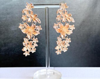 Rose Gold Flower Statement Earrings, Long Dangle Wedding Jewelry