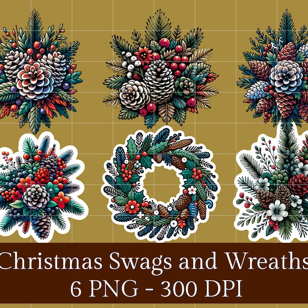 Digital Christmas Swags and Wreaths Clipart - Holly, Pinecones, Berries Decor - Ideal for DIY Craft Projects and Holiday Decorating