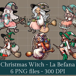 La sorcière de Noël La Befana - 6 conceptions PNG diverses et captivantes de haute qualité pour l’impression ou l’art numérique