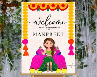 Mehandi Sign with cute illustration, Indian Wedding sign, Mehandi welcome sign, Mehandi decor sign