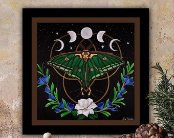 Original Moth Moon Phase Acrylic Painting, Spanish Moon Moth Artwork, Goddess Bedroom Decor, Wicca Gift